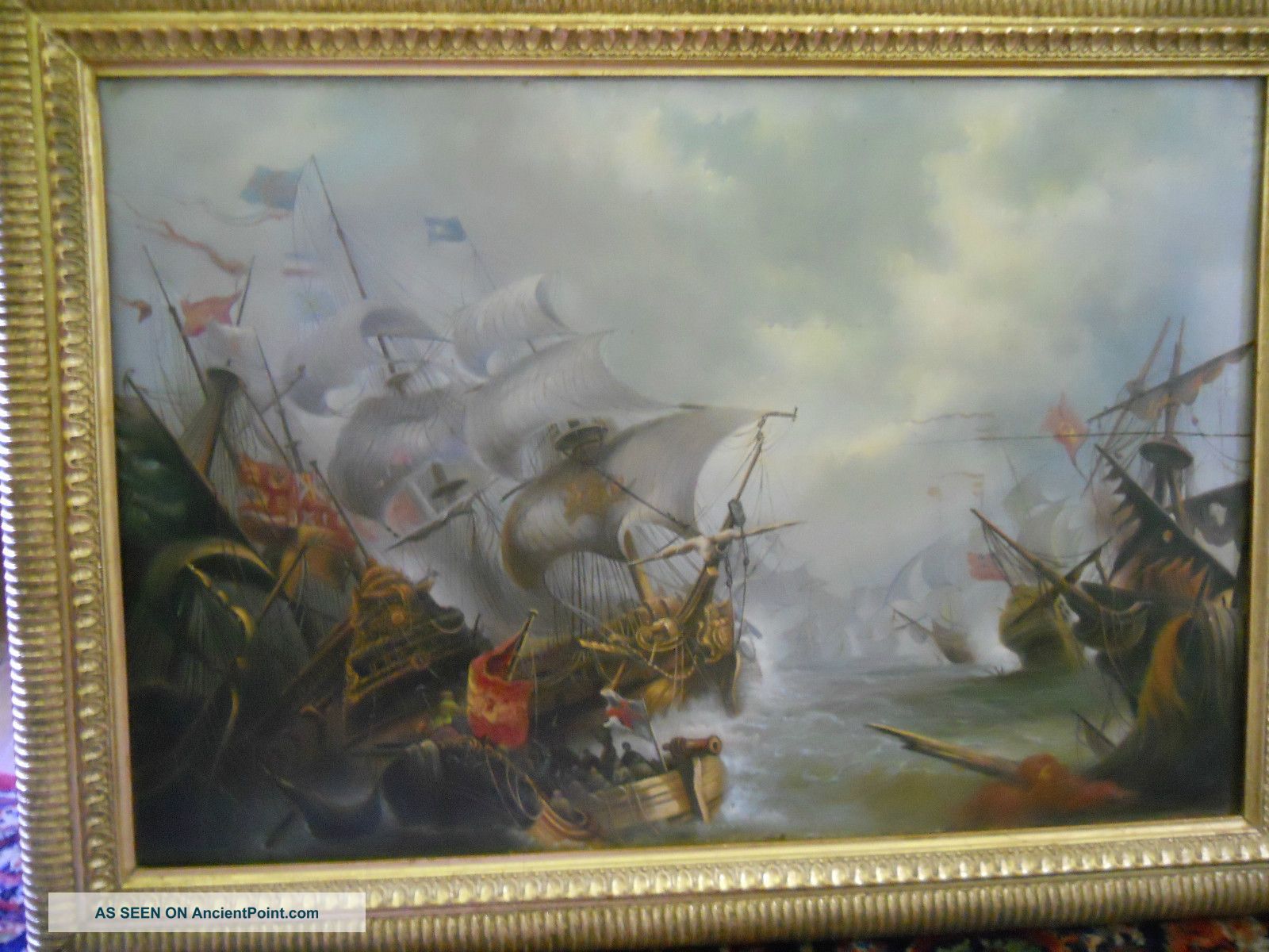 Warship Sea Battle Of Kamperduin - 19th Century. .  Oil On Board - Unique Staving Folk Art photo