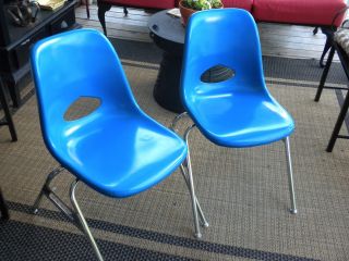 (2) Vintage Krueger Turquoise Blue Fiberglass & Chrome Side Stacking Chair photo