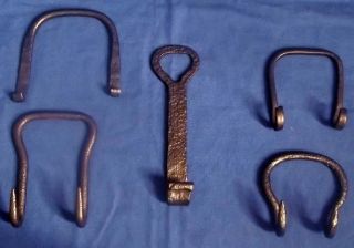 Rare Of 5 Antique French Wrought Iron Hearth Cauldron Hooks,  Circa 1800 photo