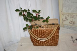 Vintage Wicker Basket Flip Wood Lid Rope Handles Mail Pouch Decor European photo