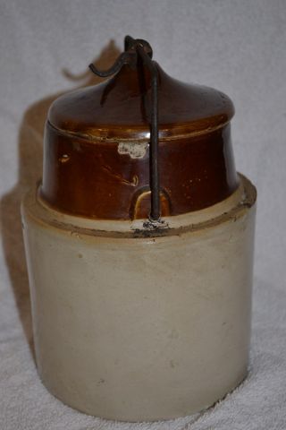 Vintage Crock With Lid And Wire Clamp Cheese Pickle Beer Storage Rare photo