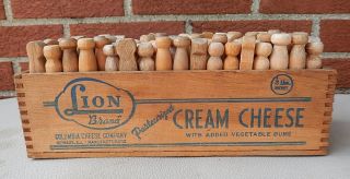 Antique Wooden 3 Lb.  Lion Brand Cream Cheese Box With Vintage Clothes Pins photo