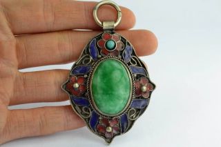 China Collectibles Old Decorated Handwork Green Jade Cloisonne Flower Pendant photo