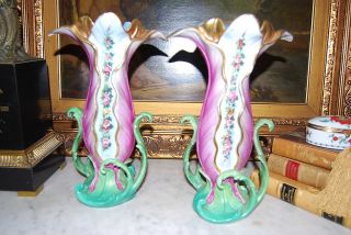 Rare Pair Of Old Paris Double Sided Flower Vases Done In Pink Green And Gold photo
