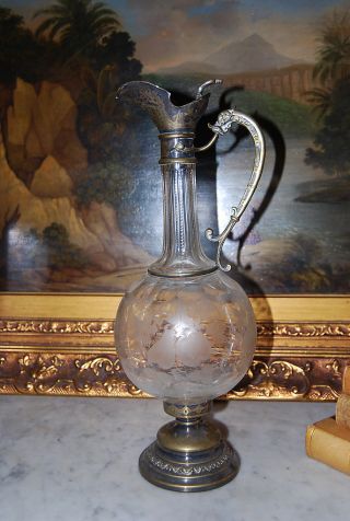 Danish Madsen Baagues 1800 ' S Victorian Silver Plate Mounted Crystal Wine Carafe photo