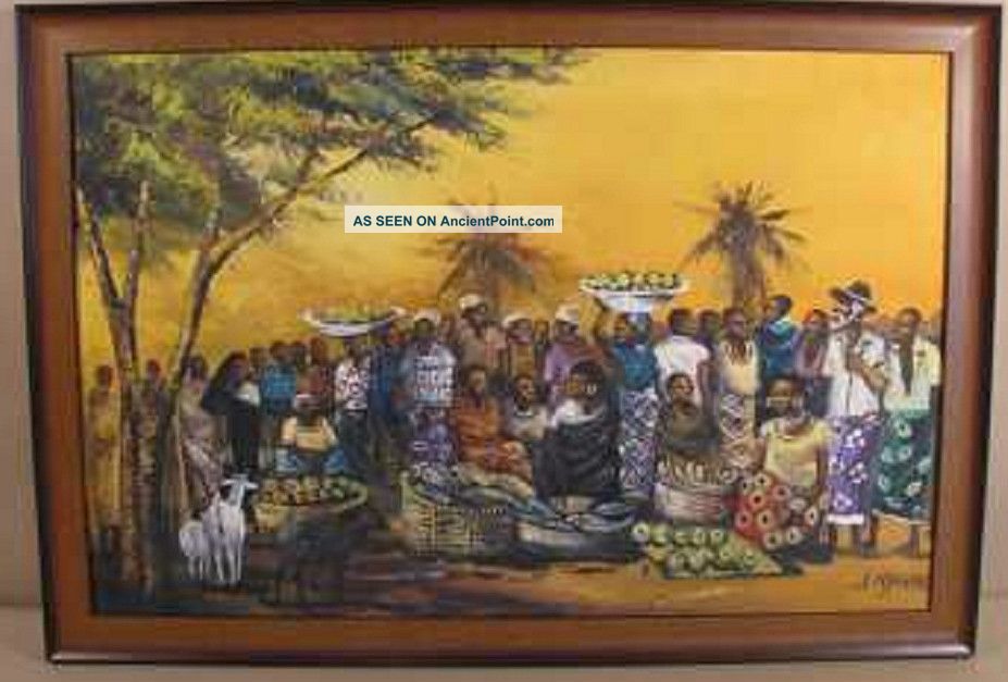 Large African Oil Painting Tribal Group Scene Signed John Njenga Kenya Other photo