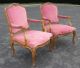 Pair Of French Provincial Ornate Carved Wood Pink Velvet Accent Arm Chairs Post-1950 photo 1