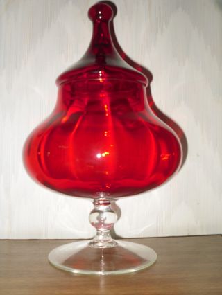Vtg Red Optic Art Glass Apothecary Jar Candy Covered Compote W Stemmed Foot photo