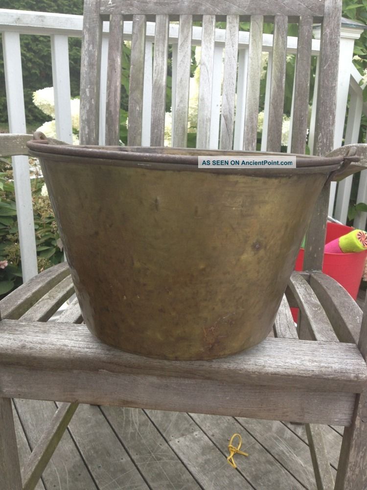 Antique American Brass Kettle Manufacturing Co 4 W/forged Iron Handle Metalware photo