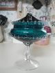 Vtg Italian Teal Blue Optic Art Glass Apothecary Jar Covered Stem Foot Compote Compotes photo 1