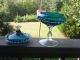 Vtg Italian Teal Blue Optic Art Glass Apothecary Jar Covered Stem Foot Compote Compotes photo 3