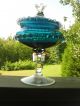 Vtg Italian Teal Blue Optic Art Glass Apothecary Jar Covered Stem Foot Compote Compotes photo 5