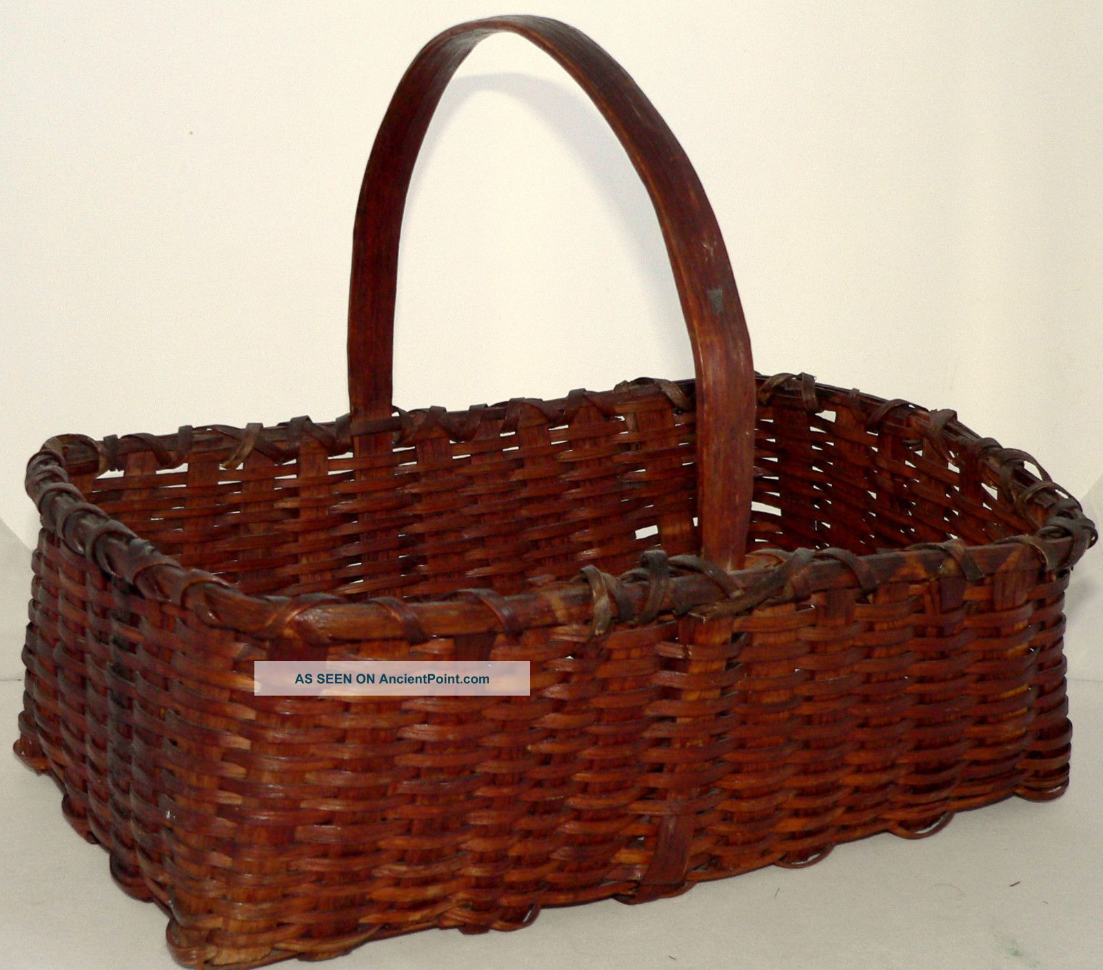 19th C Woven Basket,  Northeast,  Ash,  Carved Handle,  10 