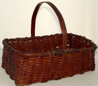 19th C Woven Basket,  Northeast,  Ash,  Carved Handle,  10 