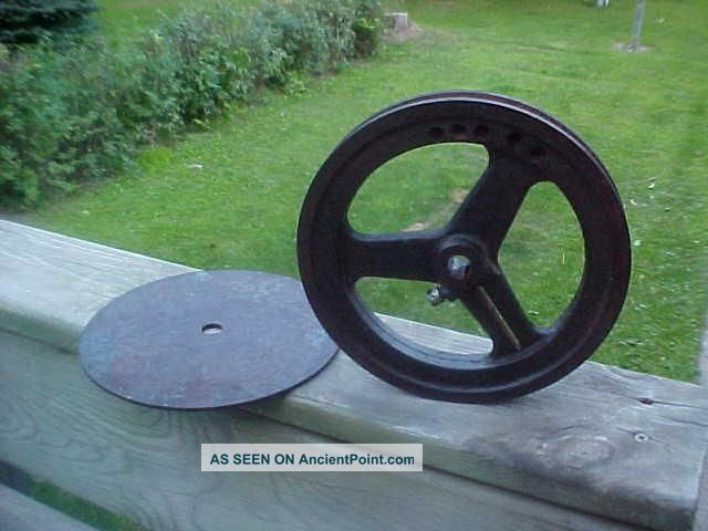 Old Antique Cast Iron Farm Factory Machinery Round Wheel Pulley With Plate Primitives photo