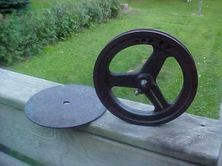 Old Antique Cast Iron Farm Factory Machinery Round Wheel Pulley With Plate photo