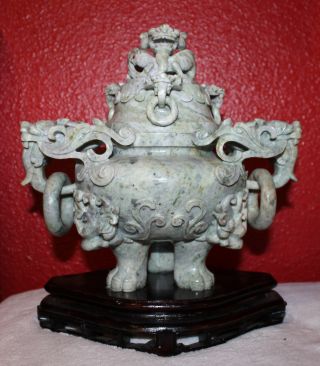Jadeite Jade Vessel With Cover - Foo (fu) Dogs / Dragons - Qing Dynasty photo