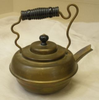 Ca 1900 Brass Teapot Tea Kettle Wood Handle & Knob Triangle Spout Saugatuck Mi photo
