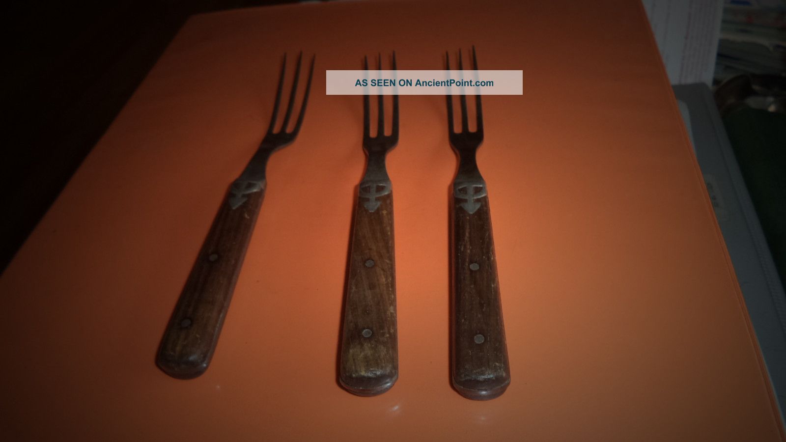 Antique Forks Set 3 Civil War Era Three Prong Wood Handle Pewter Arrow Inlay Other photo
