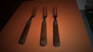 Antique Forks Set 3 Civil War Era Three Prong Wood Handle Pewter Arrow Inlay photo