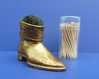 Antique Victorian Gold Metal Riding Boot Sawdust Filled Green Pincushion photo