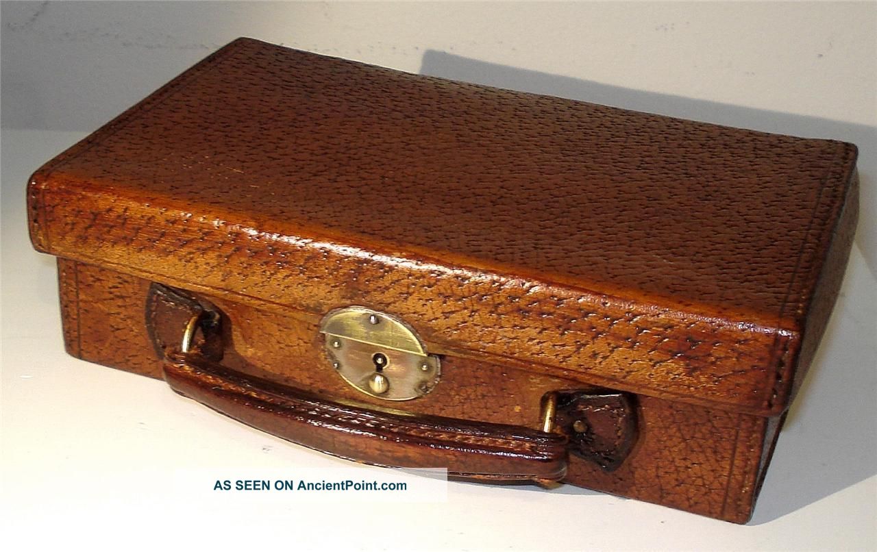 Vintage Antique Tiny Russian Leather & Brass Suitcase C.  1900 Russian photo