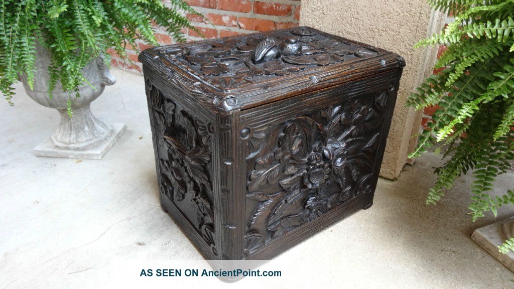 Large French Antique Black Forest Carved Wood Box Chest Fireplace Coal Hod Boxes photo