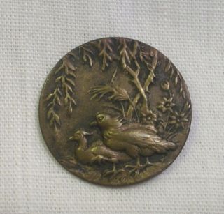 Antique Embossed Brass Shank Button - Pair Of Oriental Ducks & Willow Tree photo