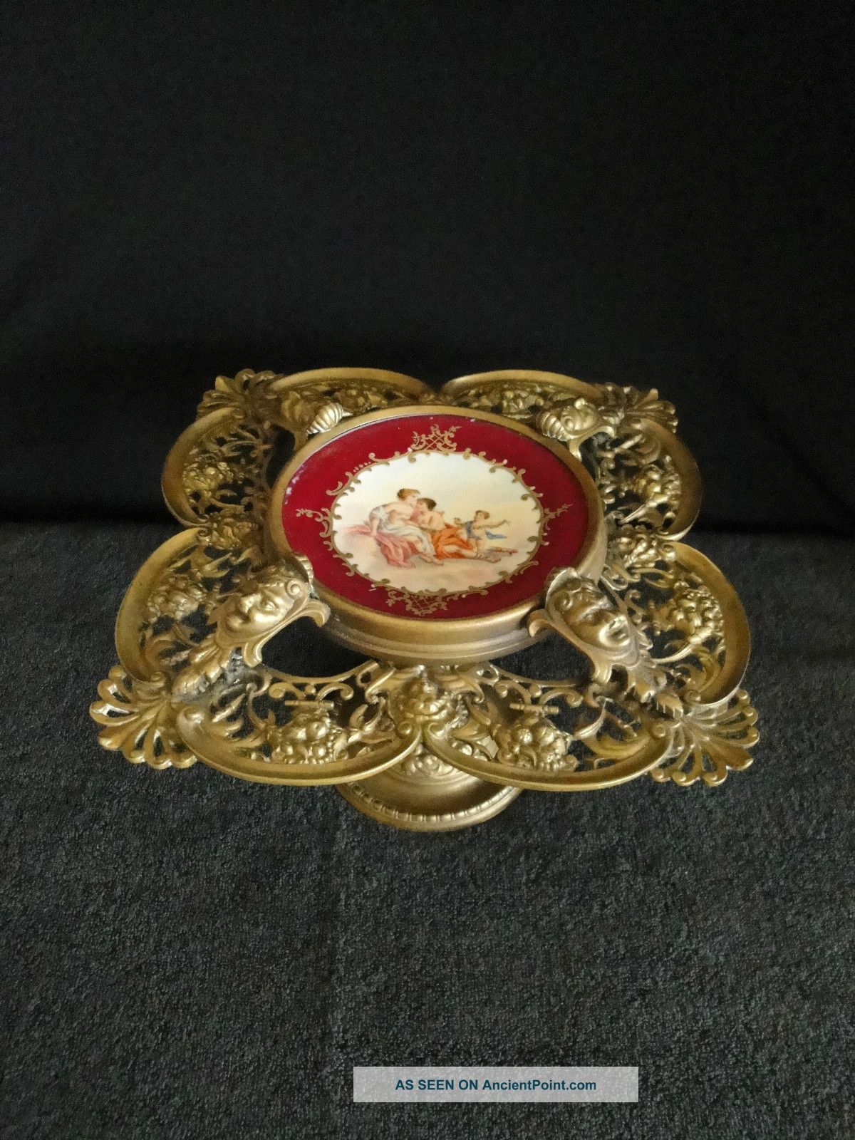 Very Rare 19th Century Brass Compote With Faces & Hand Painted Porcelain Plate Metalware photo