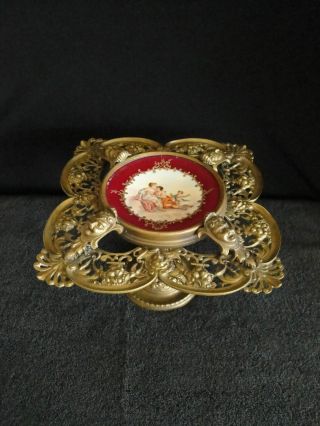 Very Rare 19th Century Brass Compote With Faces & Hand Painted Porcelain Plate photo