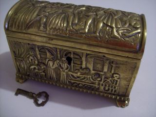 Vintage Carved Brass Footed Treasure Chest Trinket Box Ships & Religious Scenes photo