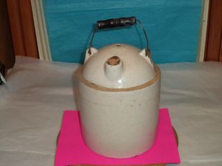 Antique Dome Top Crock / Jug W/ Wood Handle,  Metal Wire Fastener,  Cork & Hole photo