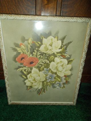 Vtg.  1940s Signed Averill Litho Floral Picture,  Orig.  Frame & Glass,  Lg.  18 