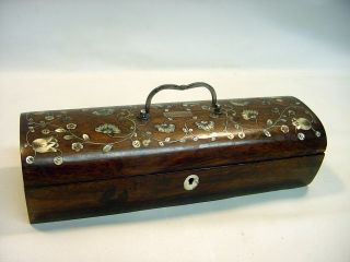 Early Victorian Oak Wood,  Silver,  Mother Of Pearl Inlay Glove Box W/lock photo