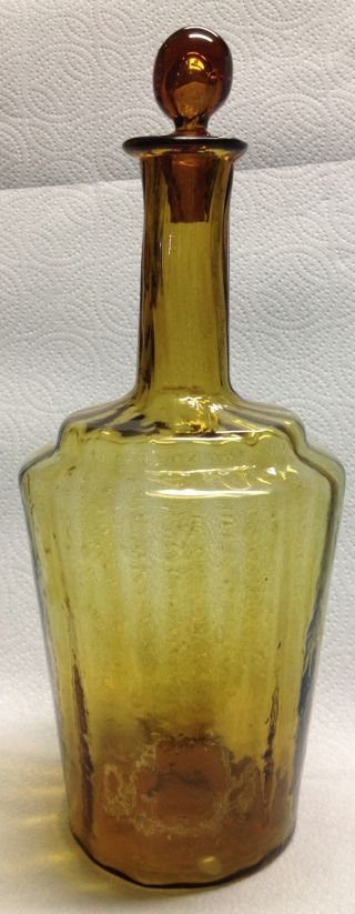 Vtg Antique? Amber Glass Decanter Ribbed Hand Blown Pontil Bubbles Age Unknown photo