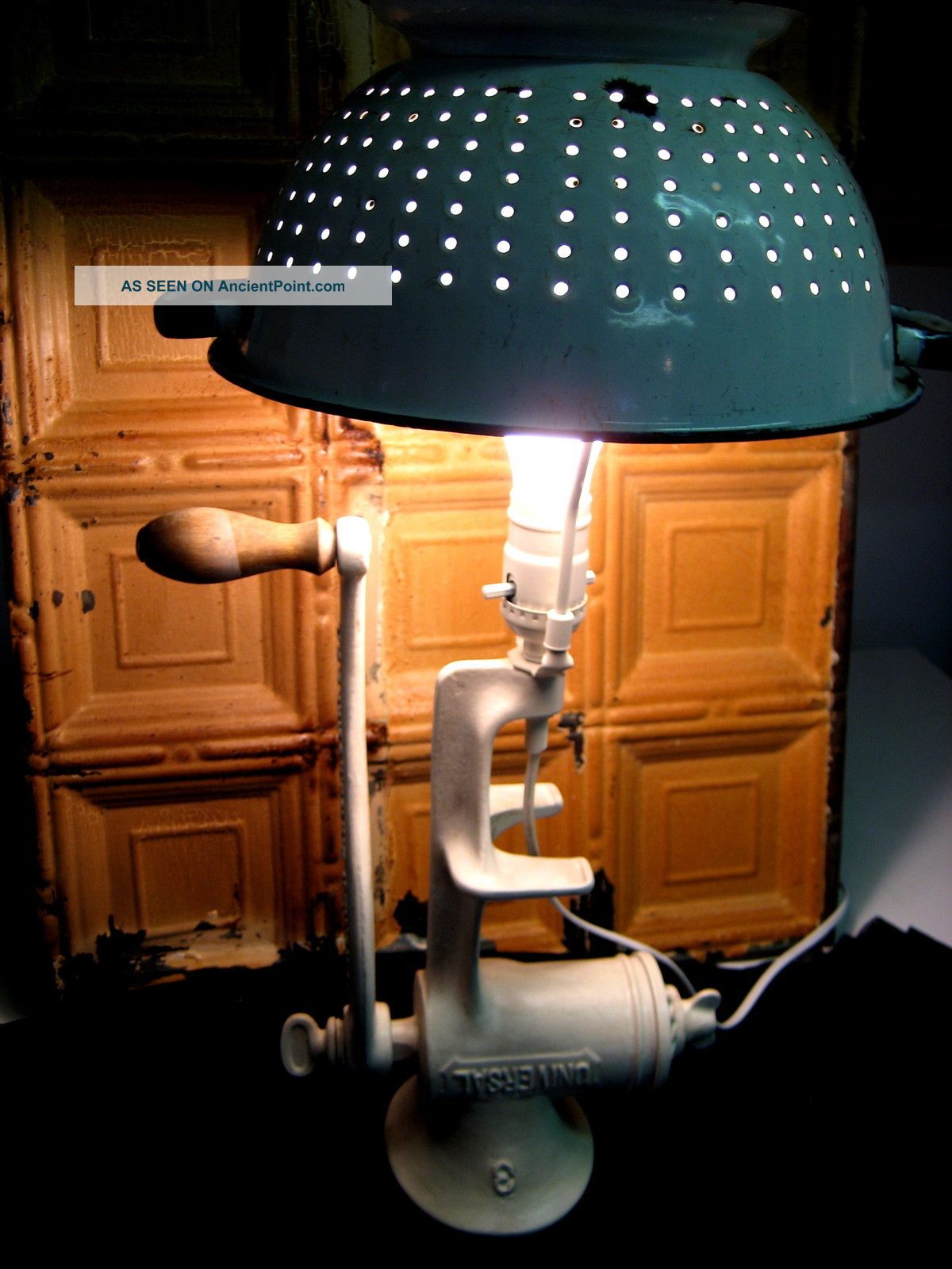 Primitive Handcrafted Kitchen Grinder Electric Lamp Colendar Shade Patina White Primitives photo