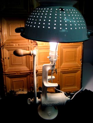 Primitive Handcrafted Kitchen Grinder Electric Lamp Colendar Shade Patina White photo