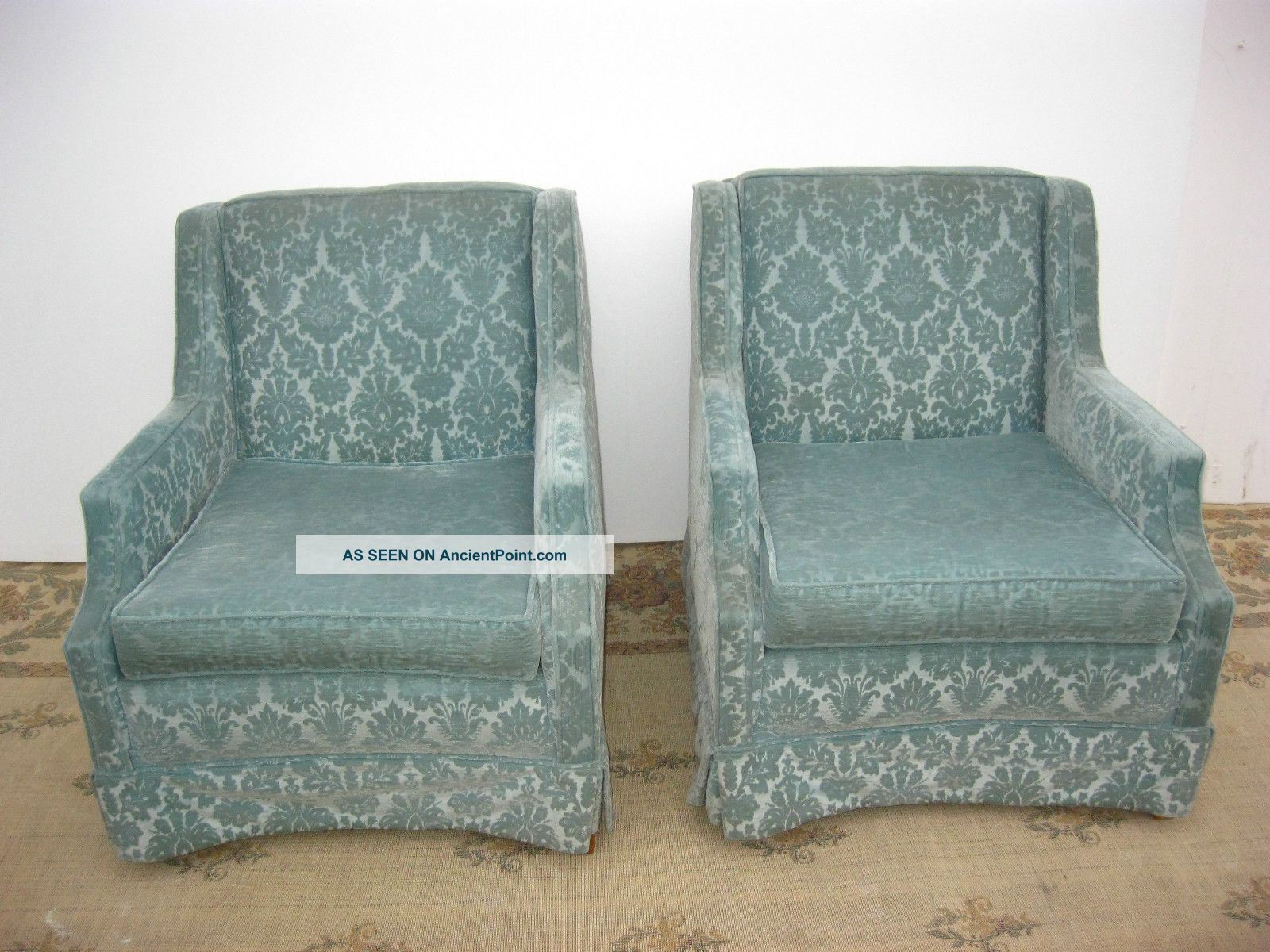 Pair Twohollywood Regency Floral Baby Blue Velvet Accent Arm Chairs Mid Century Post-1950 photo