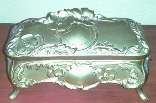 Antique Art Nouveau B & W Gold Metal Trinket Jewelry Casket Box B&w 155 photo
