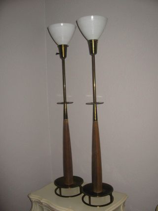 Vintage Rare Pair Tommi Parzinger Brass Walnut Lamp Lamps Stiffel Modern Danish photo