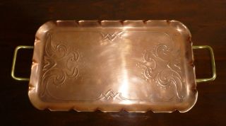 Authentic Antique J.  S&s English Art Metal Engraved Copper Brass Hand Footed Tray photo