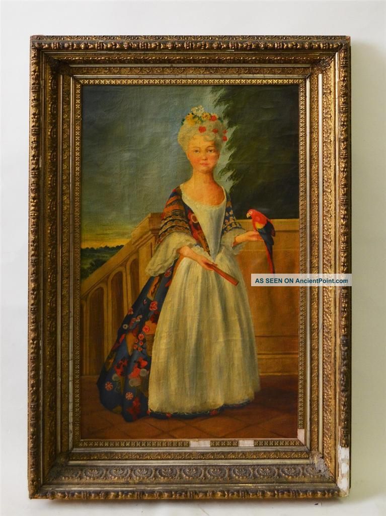 Antique American Folk Art Female Portrait Parrot Sunset Landscape Oil Painting Folk Art photo