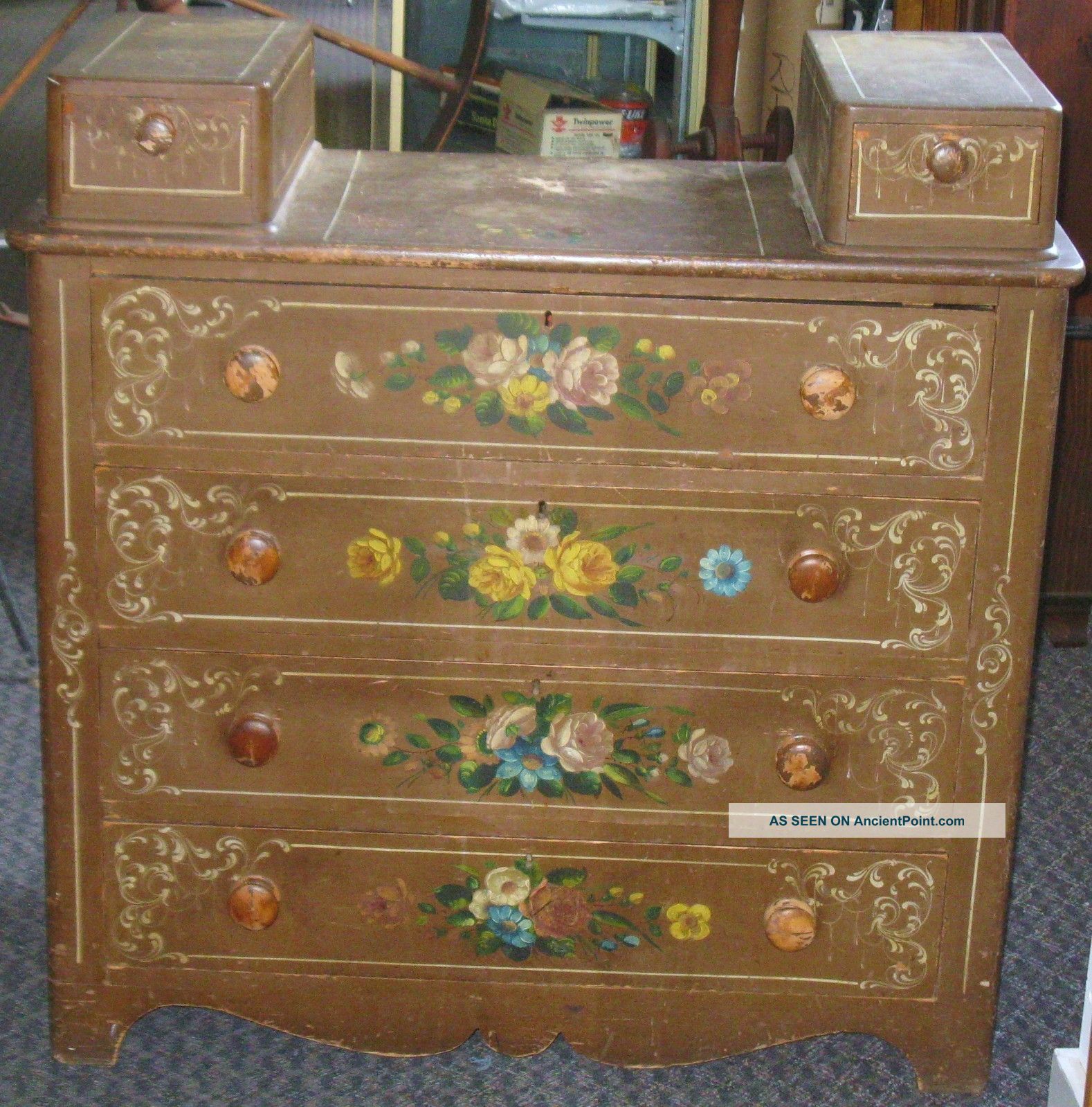 Victorian Pine Dresser Painted Floral Design Flowers New England Antique Lovely 1800-1899 photo