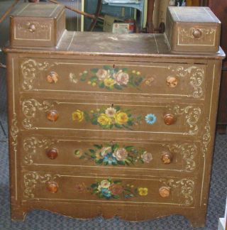 Victorian Pine Dresser Painted Floral Design Flowers New England Antique Lovely photo