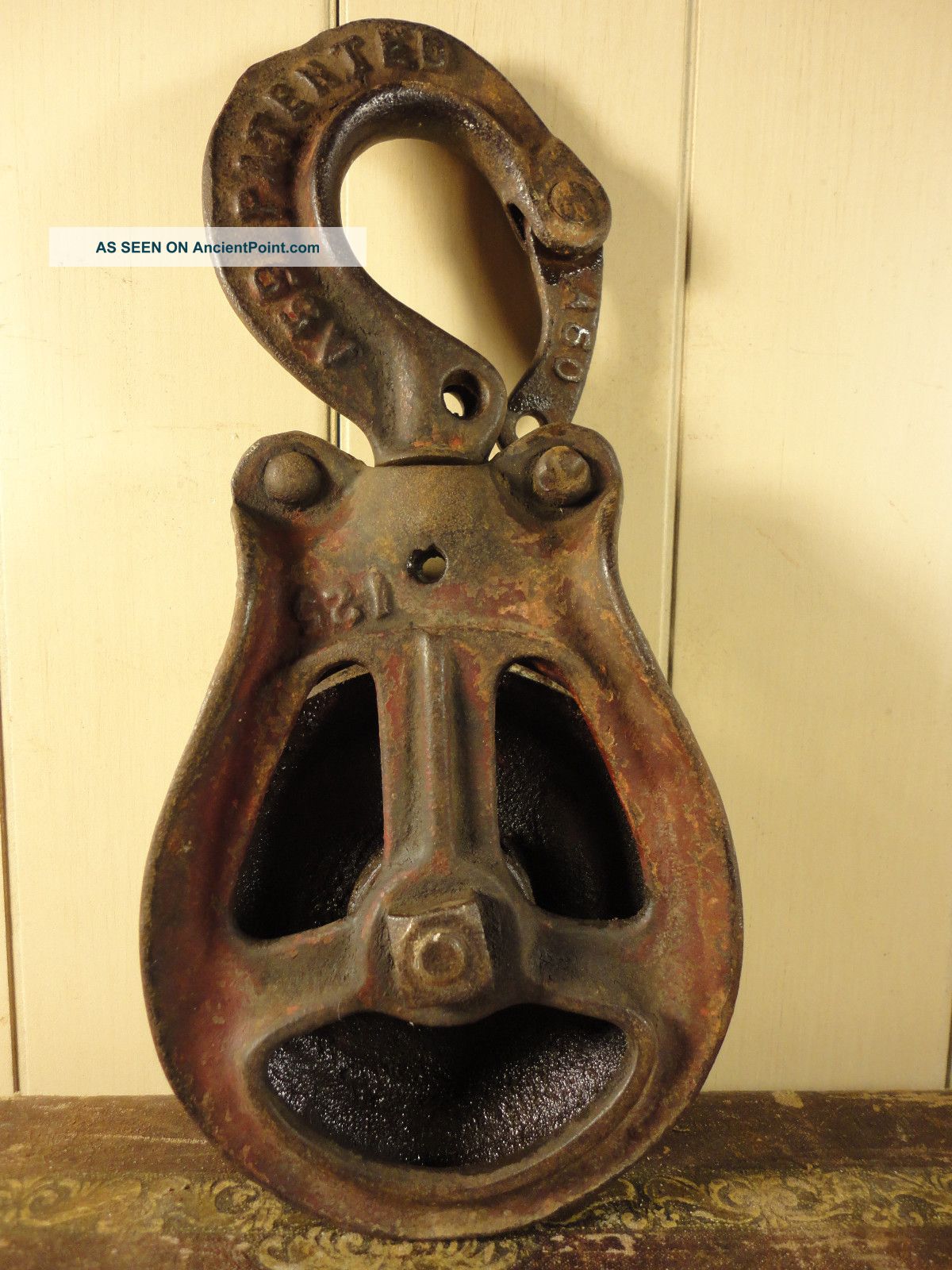 Antique Primitive Cast Iron Barn Pulley,  A59 Patented,  Rustic Distress Mantique Primitives photo