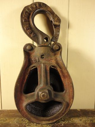 Antique Primitive Cast Iron Barn Pulley,  A59 Patented,  Rustic Distress Mantique photo