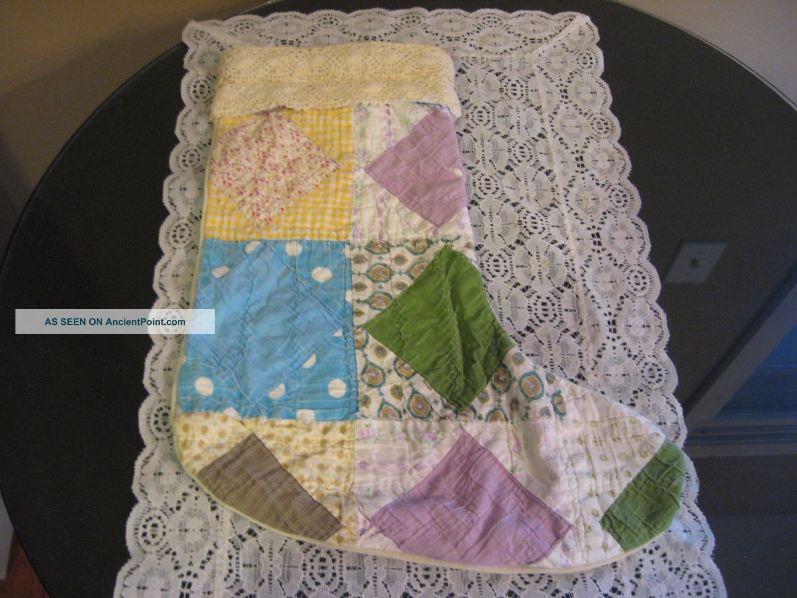 Primitive Antique Cutter Quilt Christmas Stockings Patchwork Quilt Lace Stocking Primitives photo