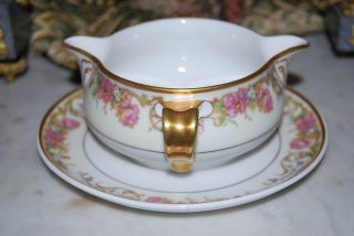 Magnificent Haviland Limoges France Early Gilded Flower Decorated Double Gravy photo