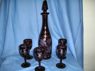 Ruby Cut To Clear Wine Decanter And 5 Matching Glasses. photo