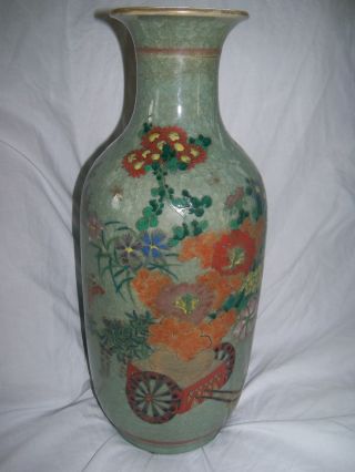 Antique Asian Chinese Japanese Crackle Celadon Vase 15 1/2 Rickshaw & Insects photo